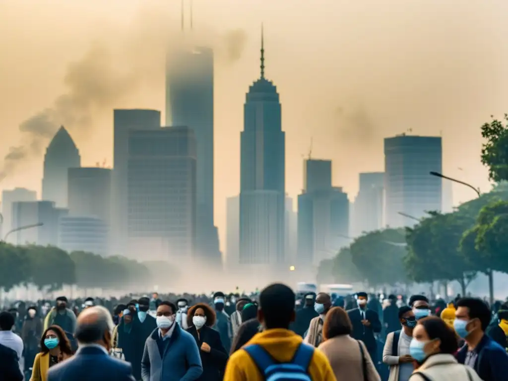 Vista de la ciudad contaminada por el smog, con personas usando mascarillas y activistas abogando por políticas reducción contaminación atmosférica