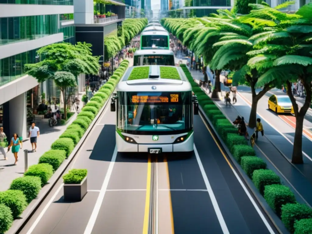 Vista de la ciudad con transporte público verde sostenible, edificios ecofriendly y energía vibrante