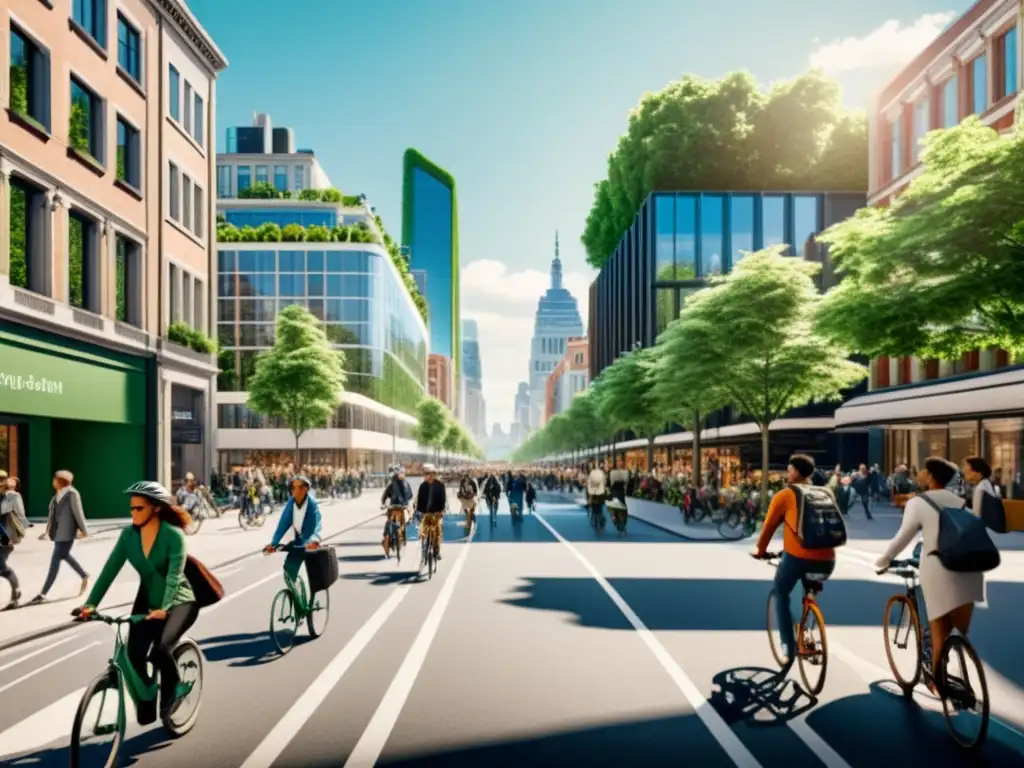 Vista de una ciudad con urbanismo sostenible ante cambio climático, edificios energéticamente eficientes y espacios verdes, con peatones y ciclistas