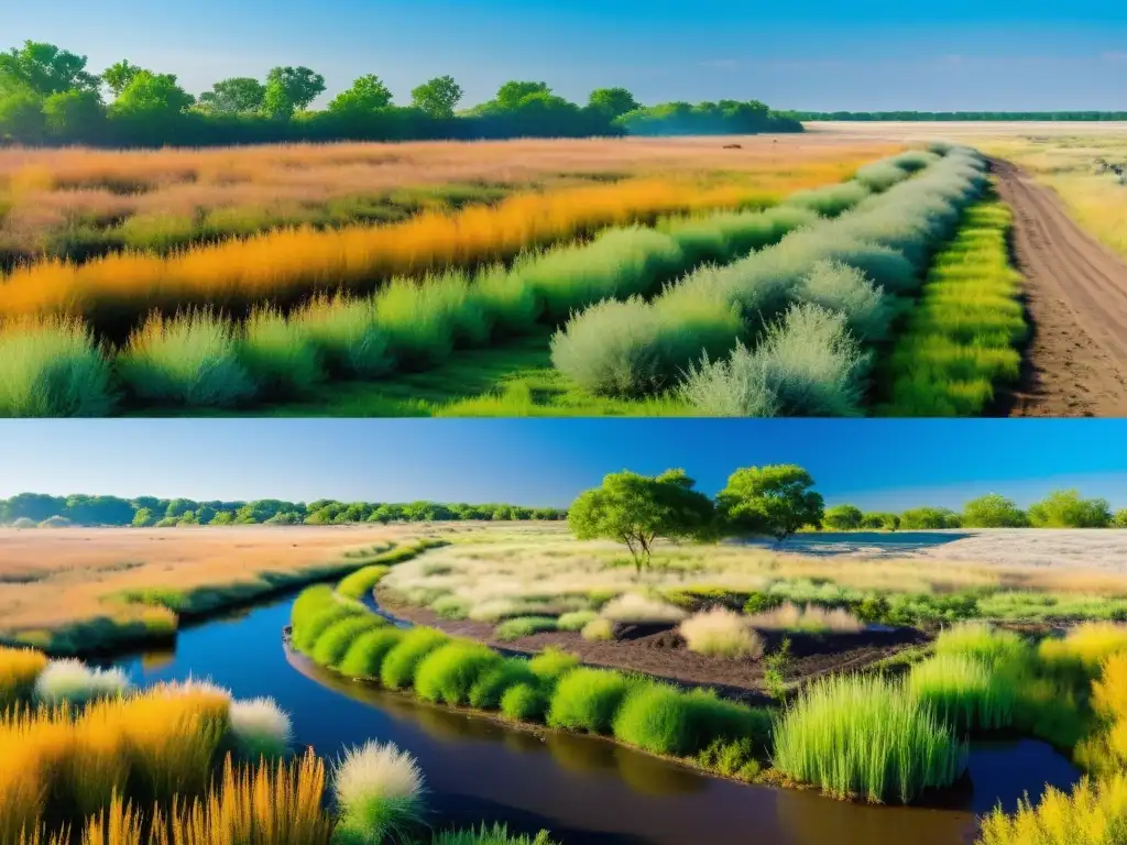 Vista colorida de pradera degradada siendo restaurada por técnicas de restauración ecológica