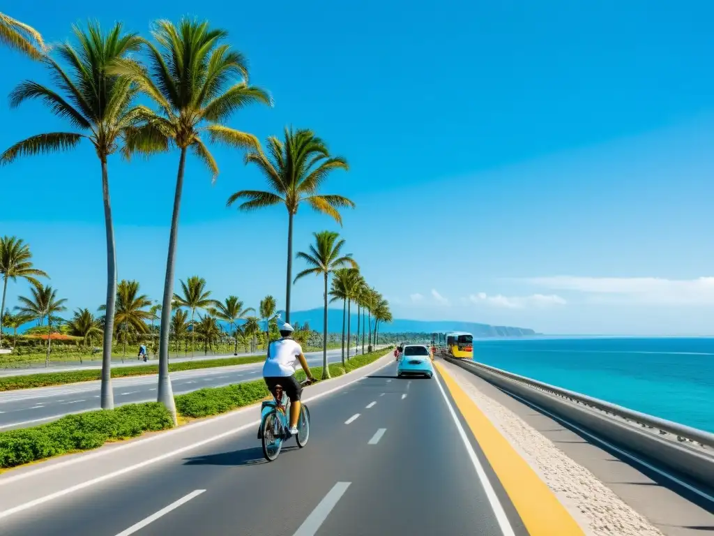 Vista costera con bicicletas, autobuses ecológicos y coches eléctricos en una escena de transporte sostenible en zonas costeras