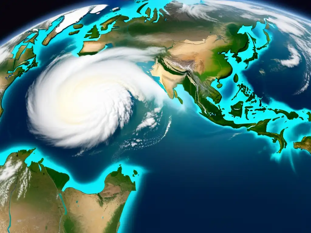 Vista detallada de la atmósfera terrestre con patrones climáticos y sistemas dinámicos