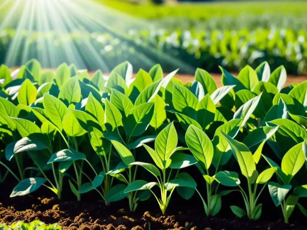 Campo orgánico de cultivos: vitalidad primaveral Vista detallada de un campo orgánico verde vibrante con luz solar filtrándose entre las hojas