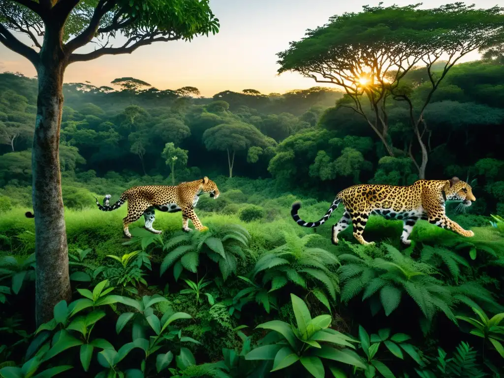 Vista detallada de un denso bosque al anochecer con animales elusivos captados por una cámara trampa