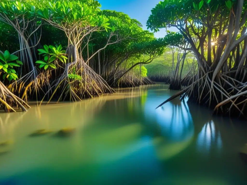 Vista detallada de un denso manglar con raíces entrelazadas, vida vegetal y animal, resaltando la importancia de los manglares en salud