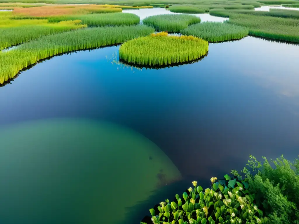 Vista detallada de un ecosistema de humedal, con biodiversidad y gestión sostenible de humedales hidrológicos