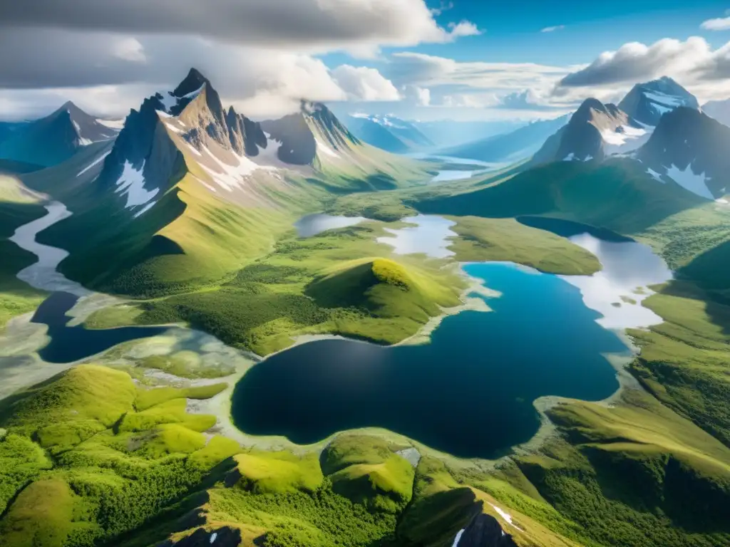 Vista detallada de ecosistemas surgidos última era glaciar, con lagos, montañas nevadas, vegetación y fauna diversa en paisaje post-glacial