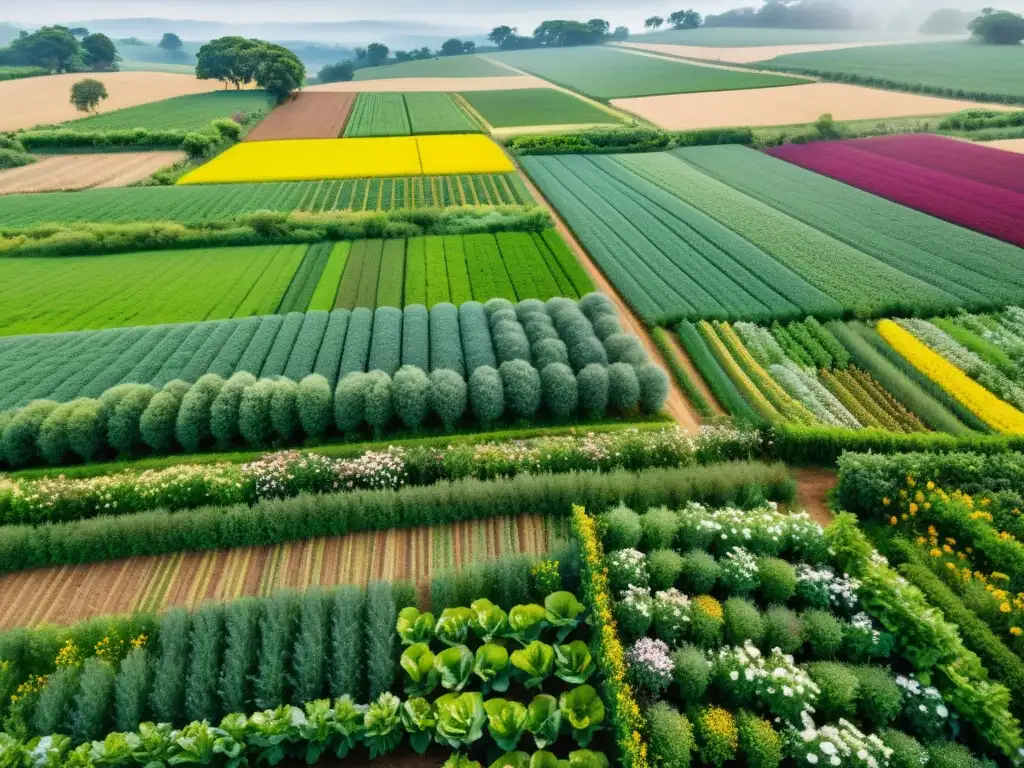 Vista detallada de una exuberante y biodiversa agricultura ecológica con tecnología, con cultivos vibrantes y flora y fauna nativa