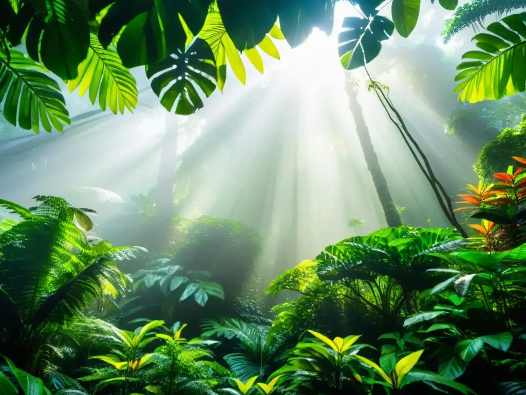 Vista detallada de un exuberante dosel de selva tropical con diversa vida vegetal y especies de aves