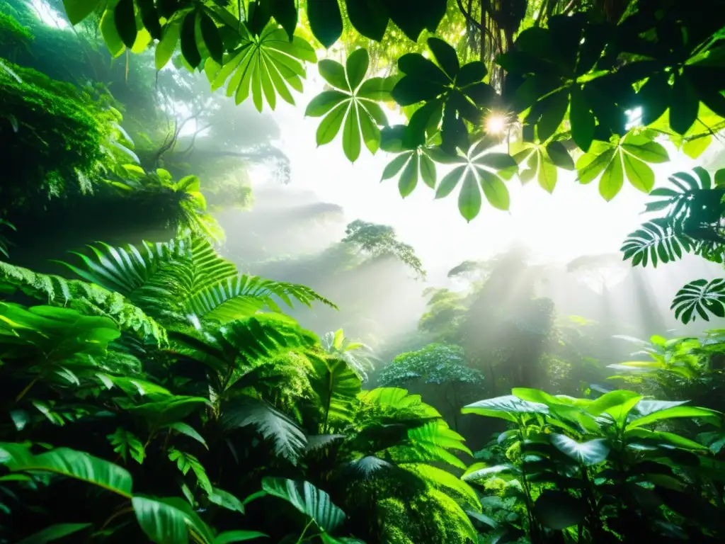 Vista detallada de un exuberante dosel de selva lluviosa, con una variedad de especies vegetales