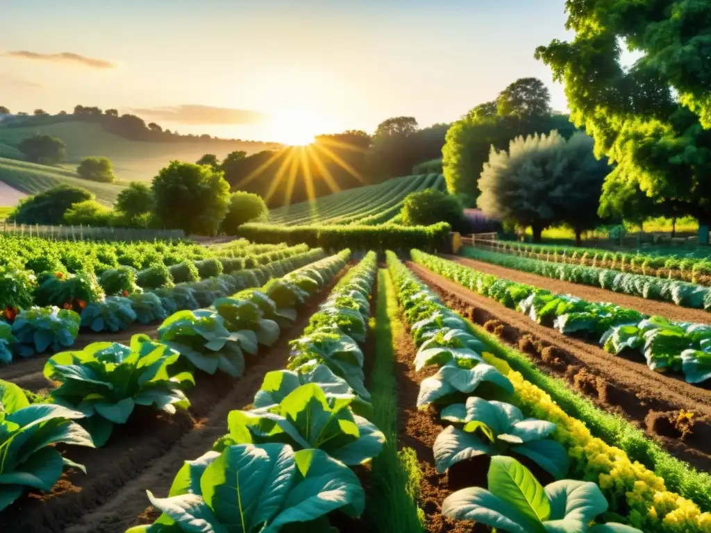 Vista detallada de una exuberante granja orgánica llena de frutas y verduras vibrantes, bañada por la cálida luz del sol