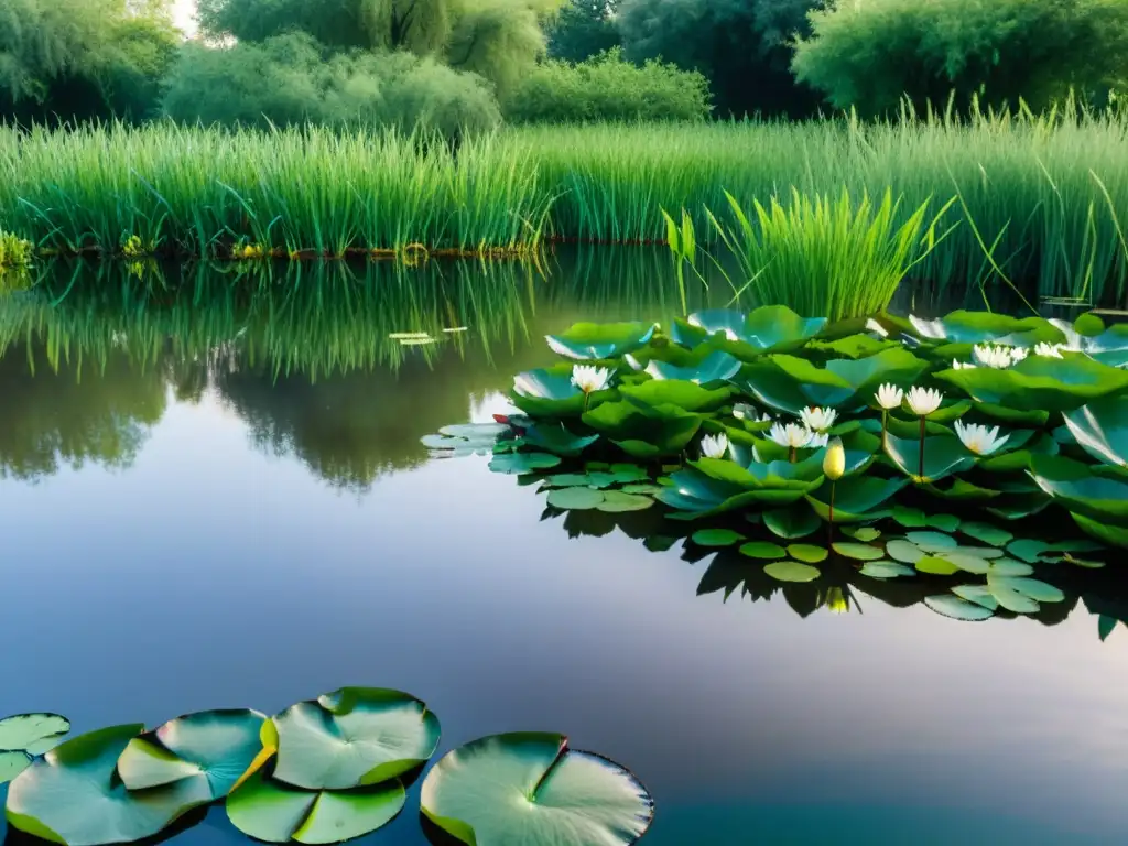 Vista detallada de un exuberante humedal urbano, reflejando la importancia de humedales urbanos en ecosistema con su biodiversidad