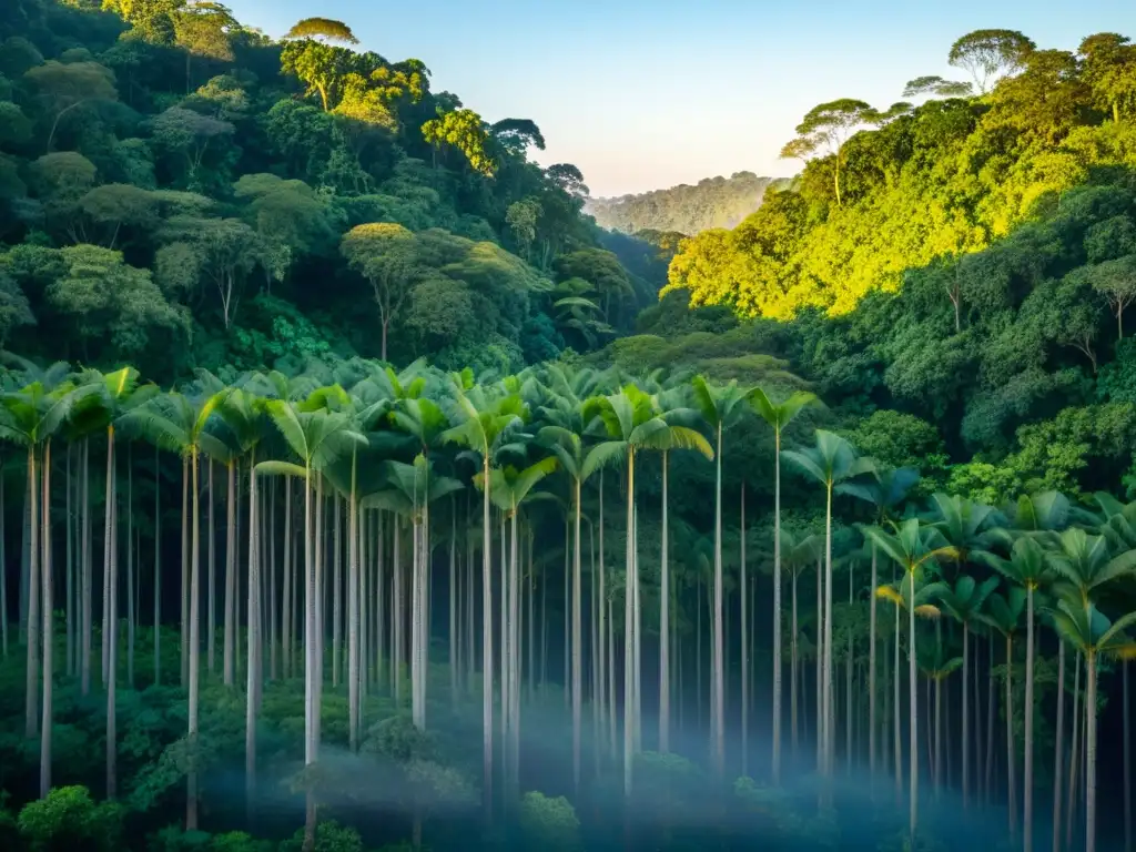 Vista detallada de la exuberante selva al anochecer, con los sonidos de la selva al anochecer inmersos en la atmósfera tranquila y natural