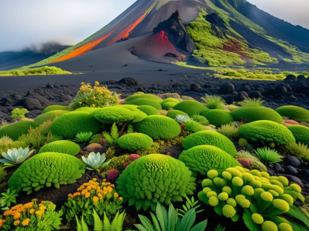 Vista detallada de la flora y fauna de ecosistemas volcánicos, mostrando la diversidad y vitalidad de la vida en torno a un volcán