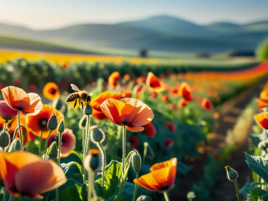 Vista detallada de una granja orgánica soleada, con abejas polinizando flores