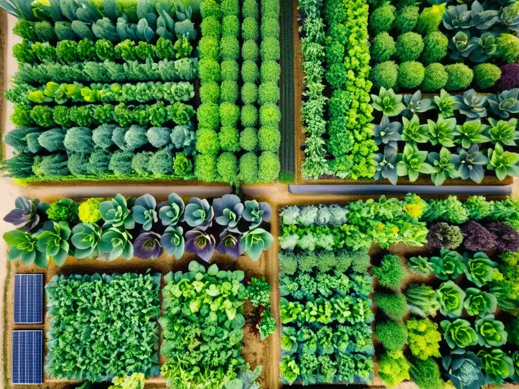 Vista detallada de granjas urbanas orgánicas con variedad de vegetales y prácticas sostenibles, en contraste con la ciudad