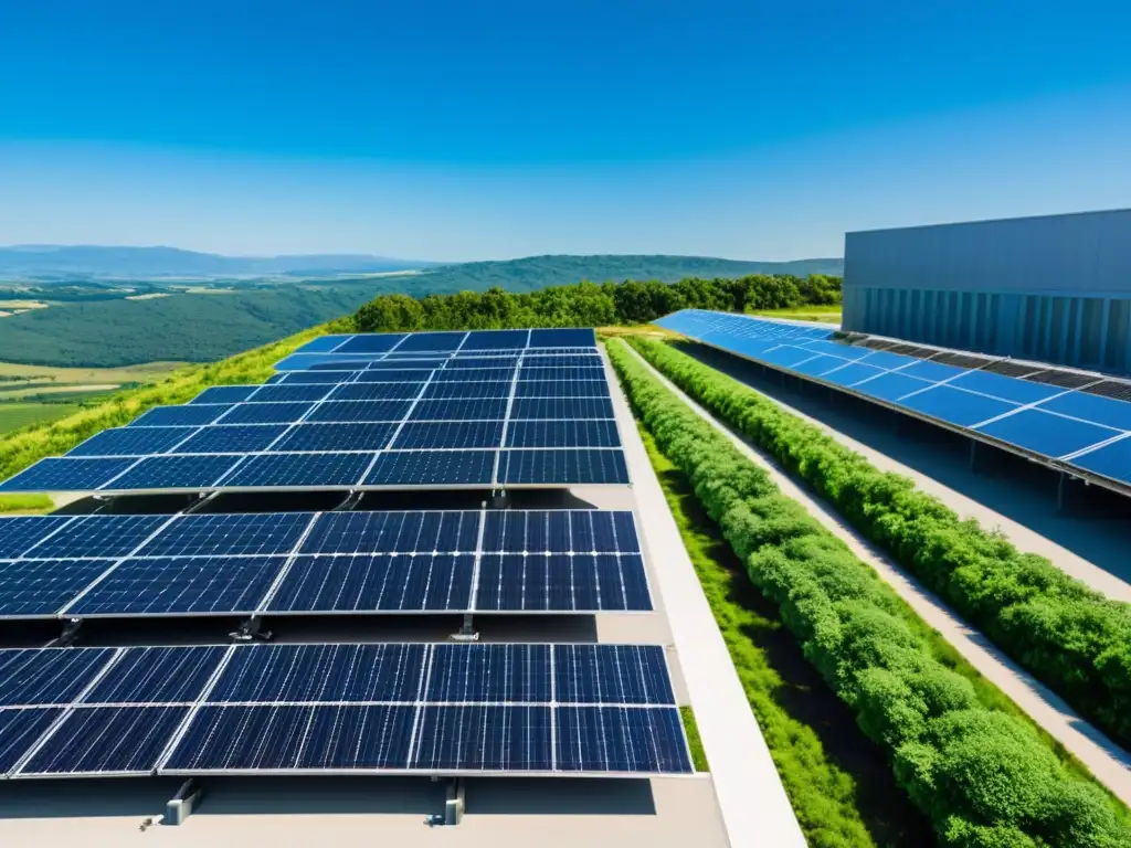 Vista detallada de instalación industrial moderna con paneles solares en tejado, rodeada de vegetación