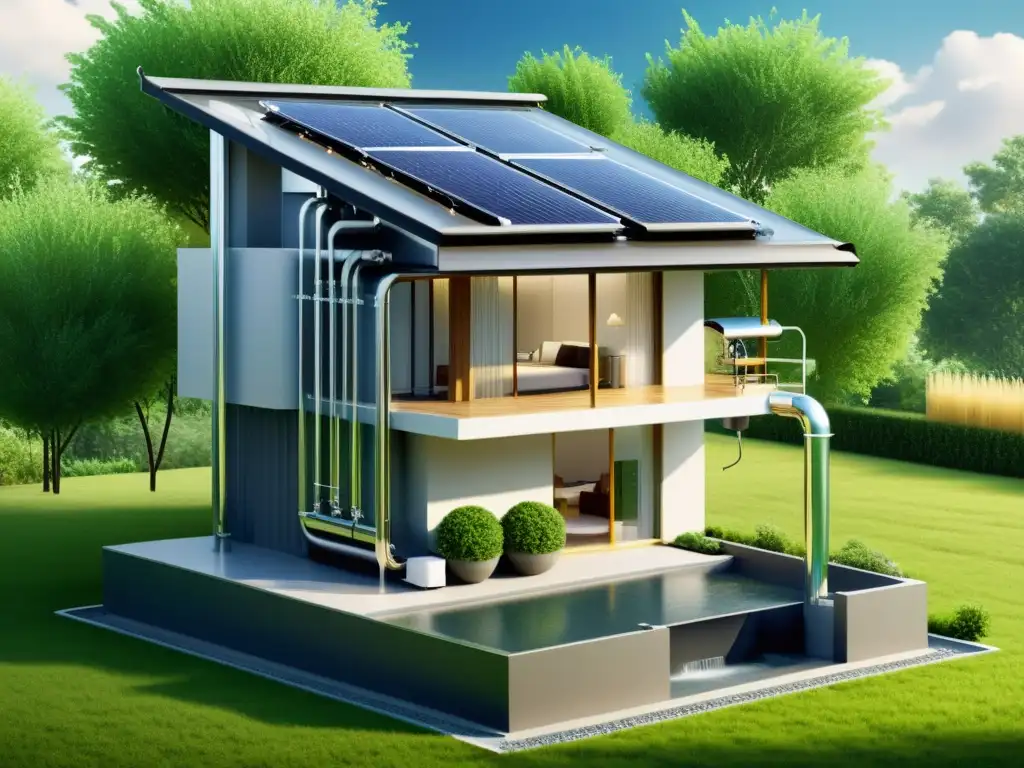 Vivienda sostenible con innovador sistema de recolección de agua de lluvia Vista detallada del innovador sistema de aprovechamiento de aguas pluviales en una casa sostenible, destacando su tecnología y diseño ecoamigable