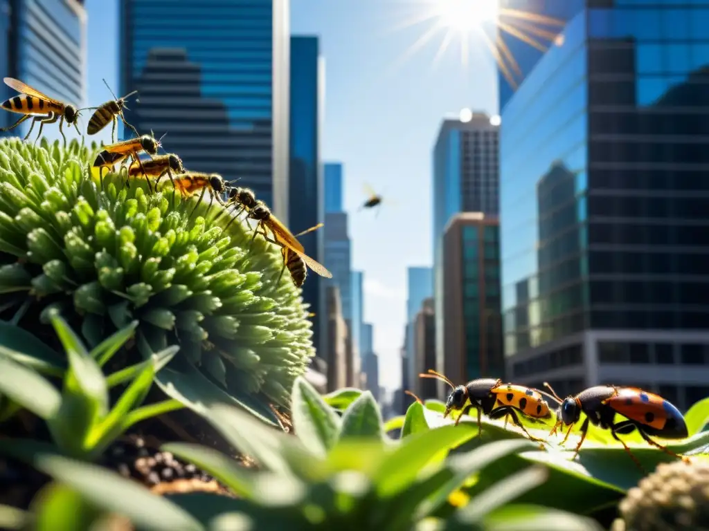 Vista detallada de insectos en ecosistemas urbanos, coexistiendo con la ciudad y su infraestructura, en un microcosmos fascinante