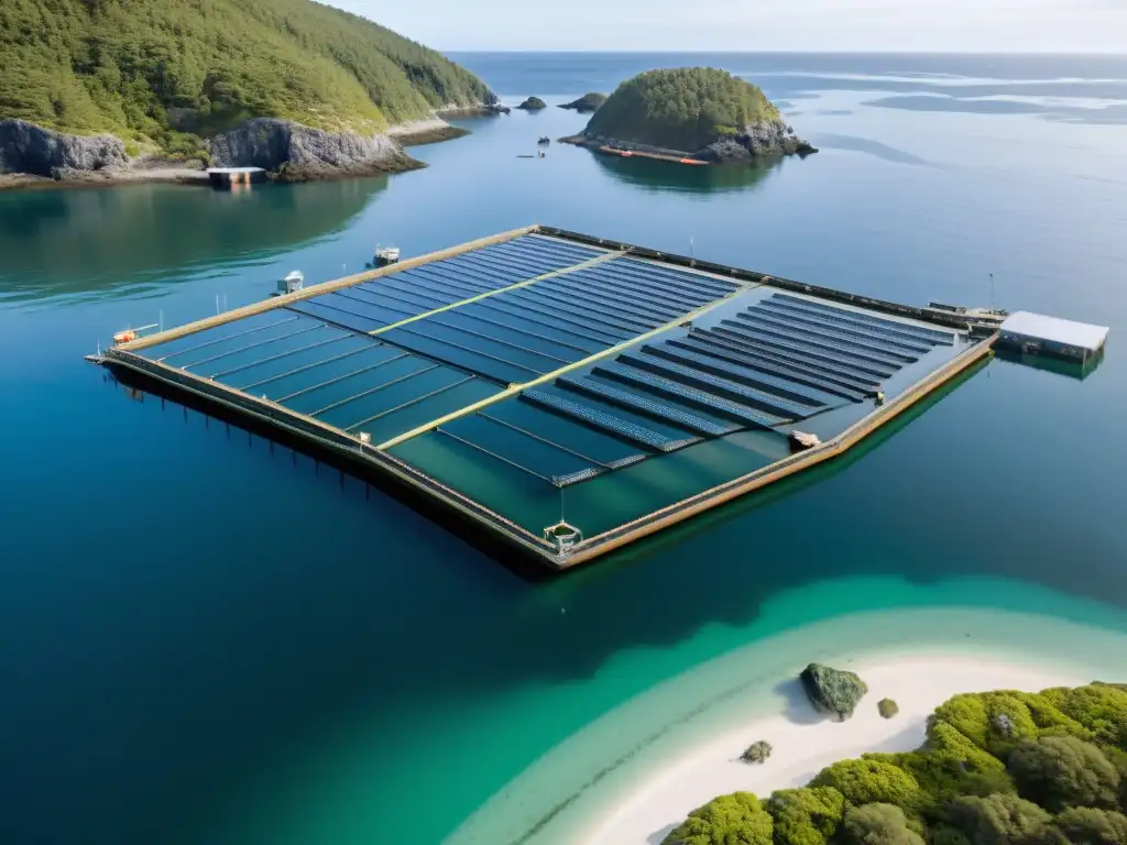 Vista detallada de una instalación de acuicultura sostenible en ecosistemas marinos, integrando la actividad acuícola con el entorno natural costero