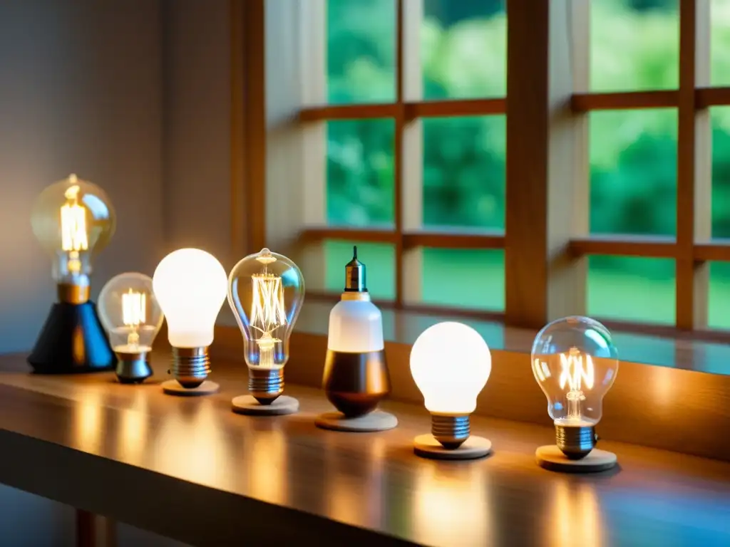 Vista detallada de las mejores opciones de bombillas y lámparas ecológicas en una mesa de madera, iluminadas por luz natural