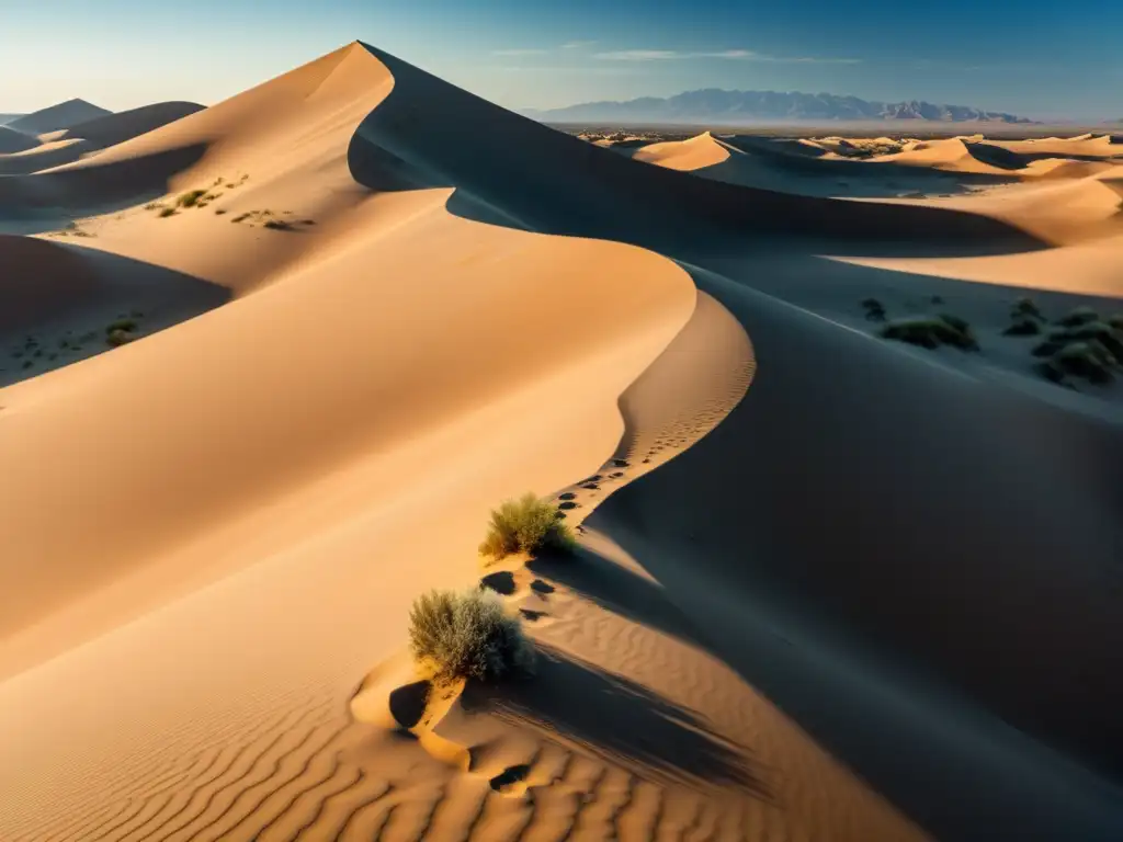 Vista detallada de un paisaje desértico, mostrando la evolución de los ecosistemas desérticos en su belleza árida y silenciosa