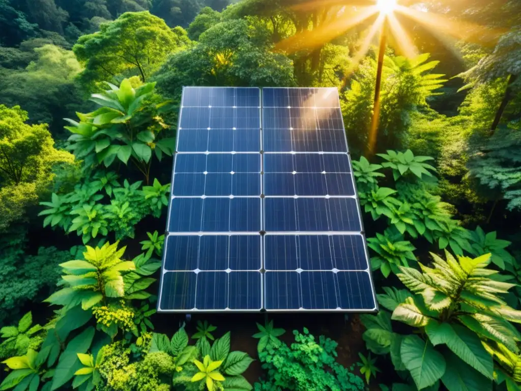 Vista detallada de instalación de paneles solares en un bosque biodiverso, resaltando la armonía entre energía solar y conservación de ecosistemas