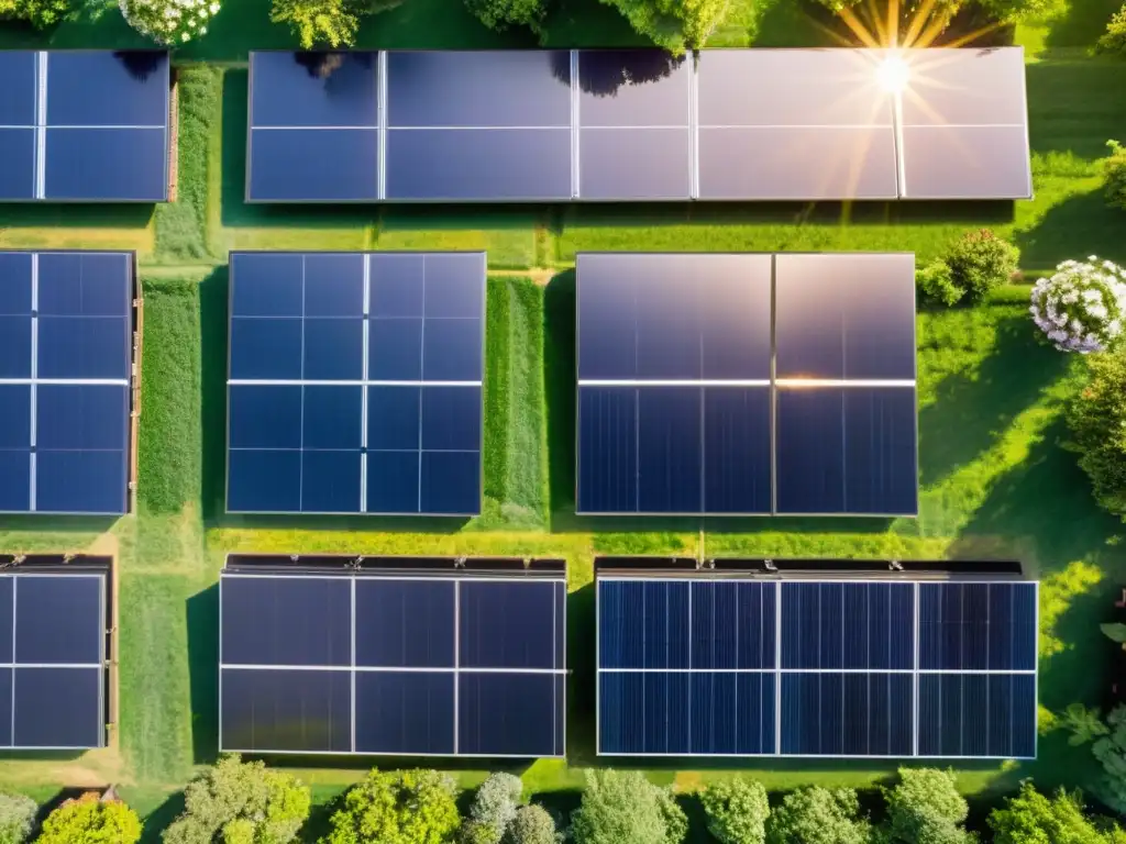 Vista detallada de paneles solares en campo verde exuberante, reflejando importancia bonos verdes emisores