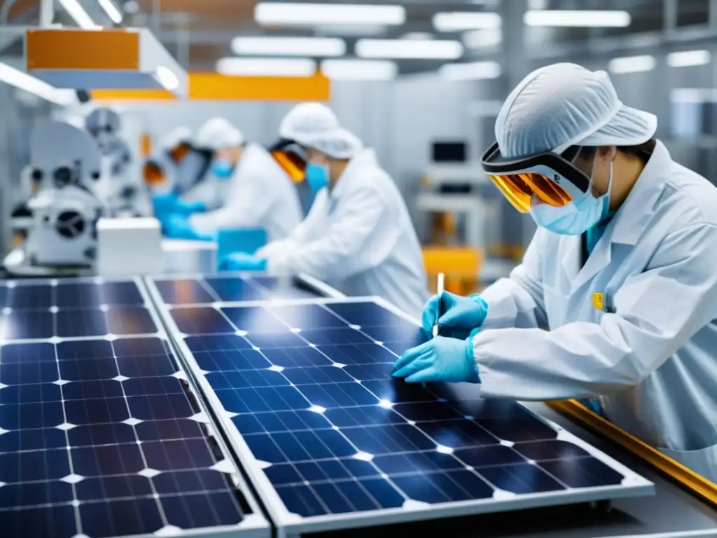 Vista detallada de una planta de fabricación de paneles solares, con trabajadores ensamblando células fotovoltaicas bajo iluminación especializada