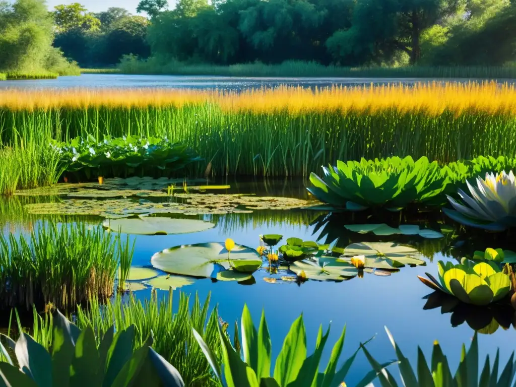 Vista detallada de plantas acuáticas diversas en un exuberante humedal