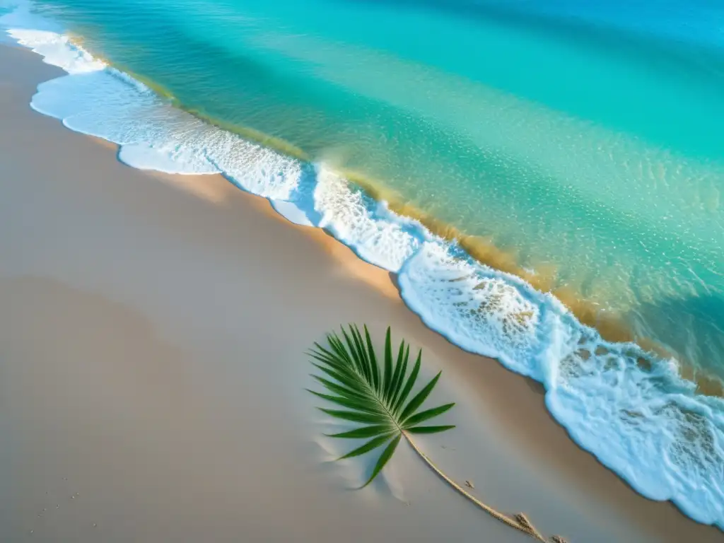 Vista detallada de playa prístina, agua turquesa, huella en la arena y vegetación exuberante