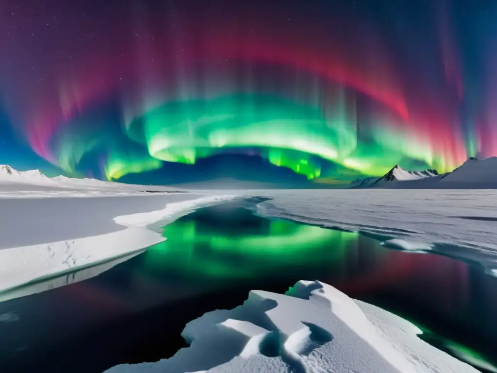 Vista detallada de la región polar con aurora boreal, resalta la importancia de la capa de ozono en este frágil entorno