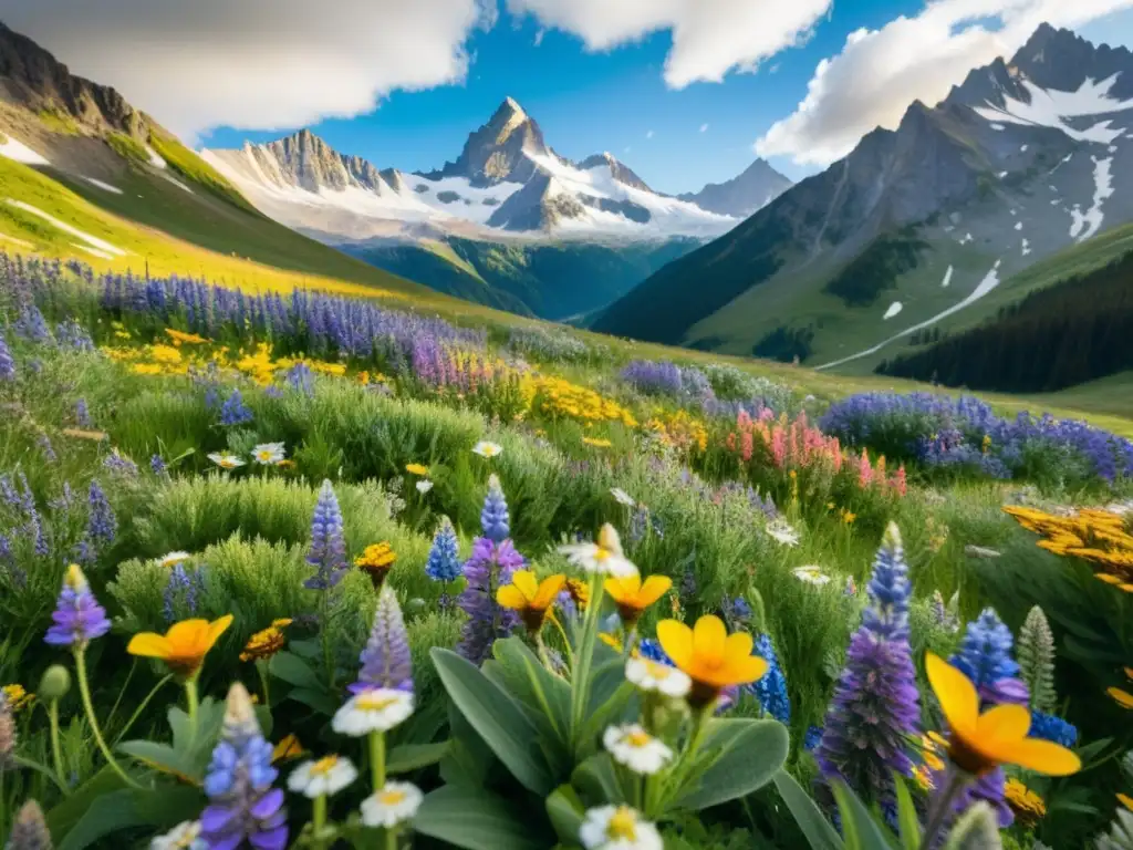 Vista detallada de pradera alpina con flores vibrantes y polinizadores en altitudes extremas