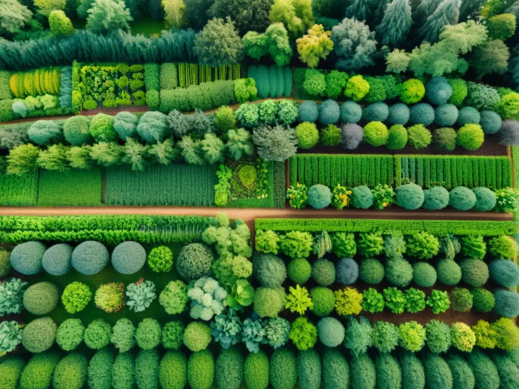 Vista detallada de un sistema agroforestal diverso, mostrando los beneficios de la agroforestería para ecosistemas