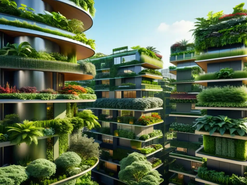 Vista detallada de skyline urbano futurista con integración de naturaleza en arquitectura urbana y exuberante vegetación