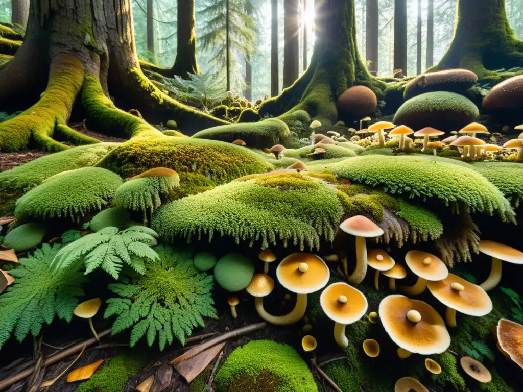 Vista detallada del suelo forestal con competencia microbiana entre hongos, musgo y hojas caídas bajo la luz del sol