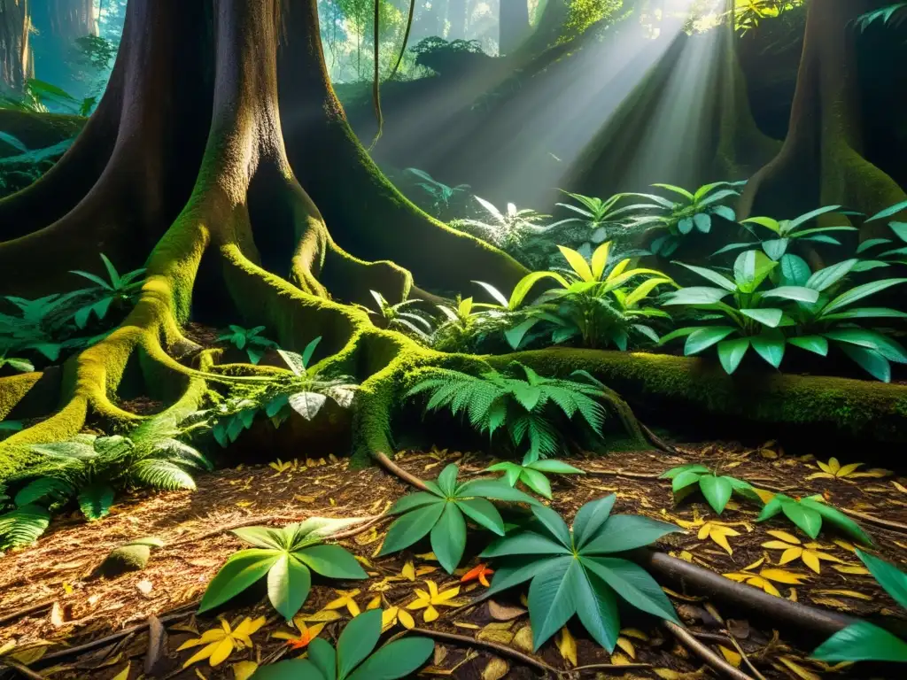 Vista detallada del suelo de una selva densa y exuberante, con hojas caídas, flores vibrantes y sistemas de raíces entrelazados con pequeños animales