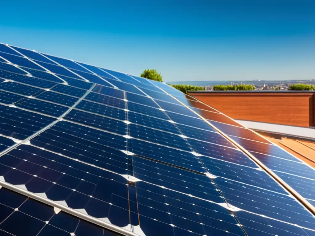 Vista detallada de un techo moderno con paneles solares, bañado por la cálida luz del sol