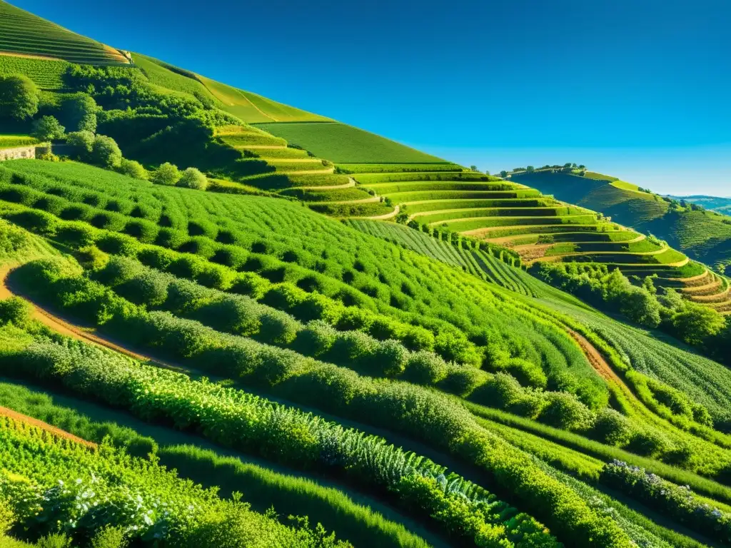 Vista detallada de terrazas agrícolas con cultivos verdes, arroyo y granjas tradicionales