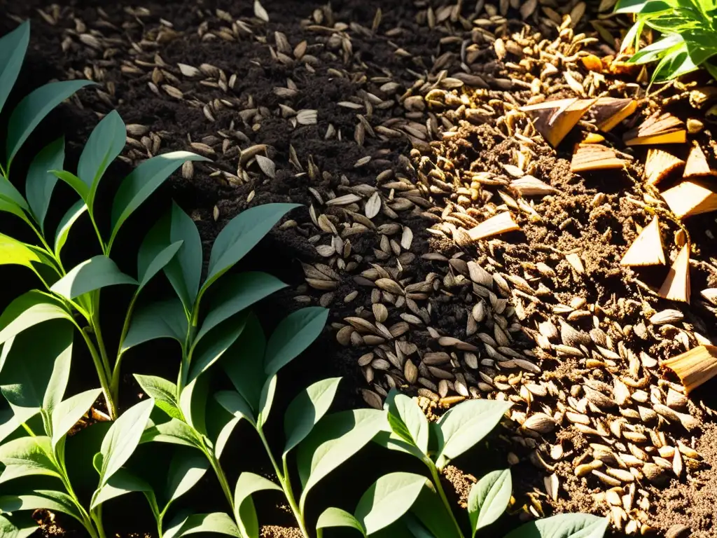 Vista detallada de tipos de mulch en un jardín, resaltando texturas, colores y beneficios del mulching en jardinería