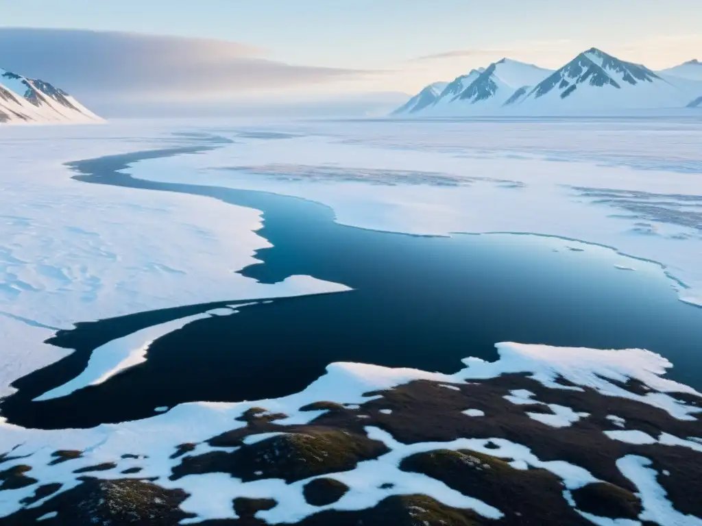 Vista detallada de la tundra ártica con especies invasoras en ecosistemas árticos y antárticos, mostrando su belleza desolada y tranquila