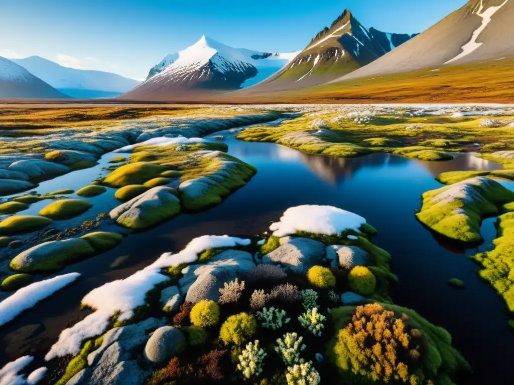 Vista detallada en 8k de la tundra con deshielo perpetuo, mostrando la fragilidad y belleza del ecosistema