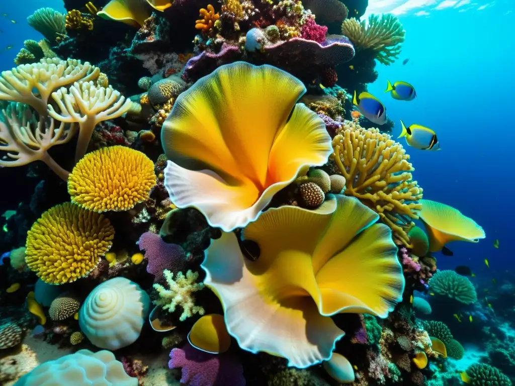 Vista detallada de un vibrante arrecife de coral con moluscos marinos, mostrando su importancia en el ecosistema marino