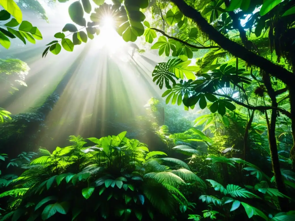 Vista en detalle de un exuberante dosel de selva tropical con luz solar filtrándose a través del follaje, creando patrones de luz y sombra