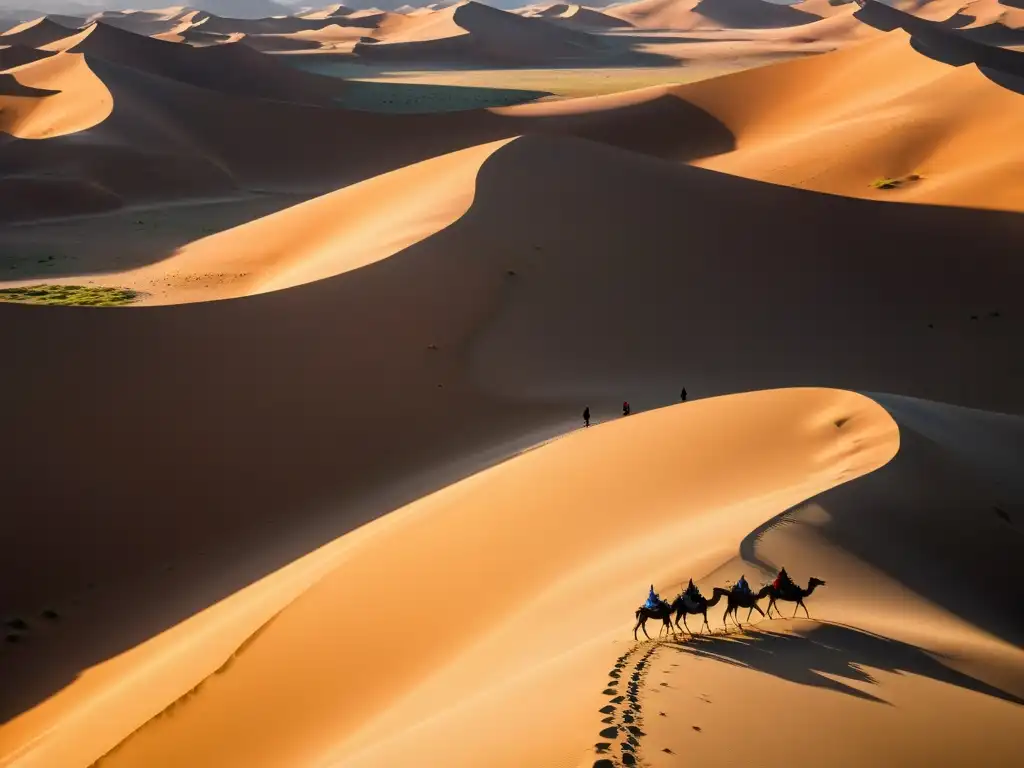 Vista expansiva del desierto de Gobi al atardecer, con dunas de arena y sombras largas