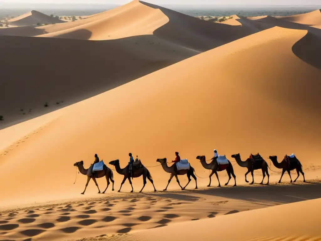 Vista expansiva del Desierto Thar en India y Pakistán, con dunas doradas y camello en el horizonte