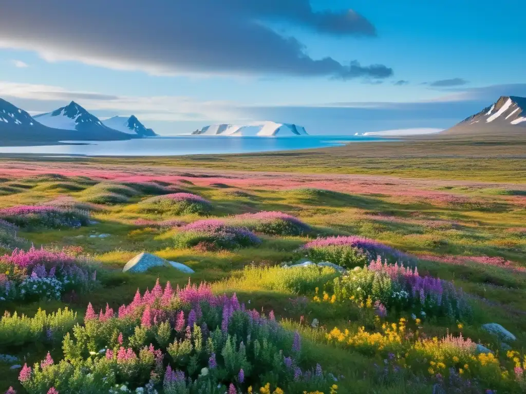 Vista expansiva de la tundra ártica, con vegetación baja y colorida, caribúes y cielo azul