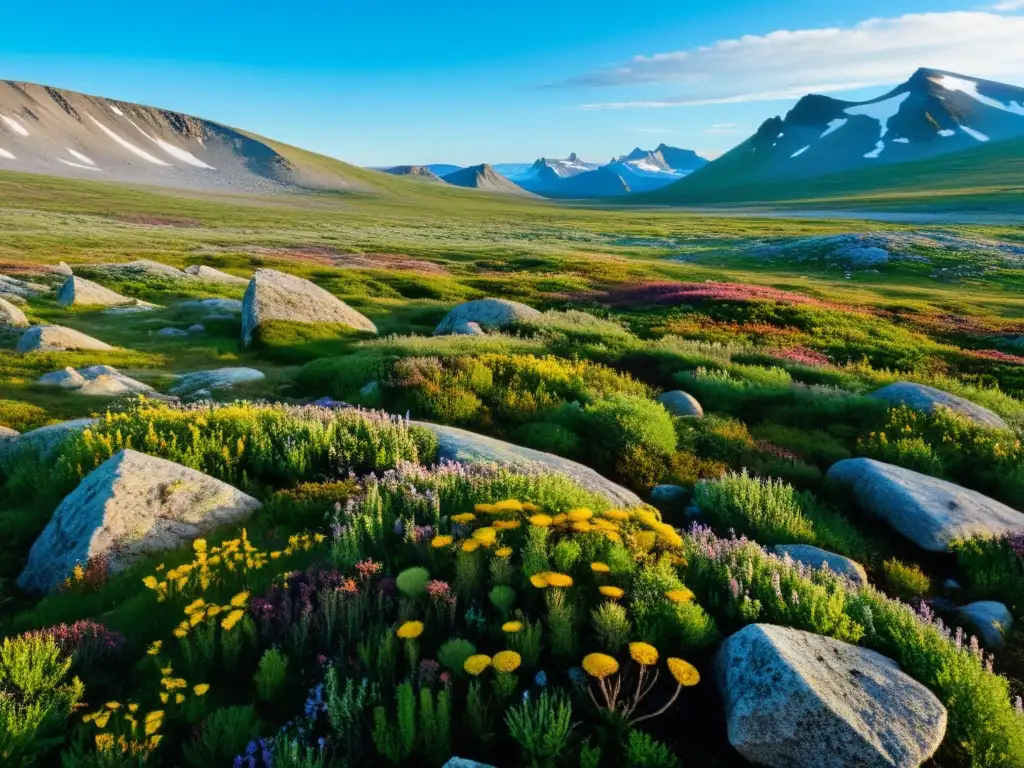 Vista expansiva de la tundra en verano, con transformaciones estacionales en la Tundra: flores silvestres, musgos, líquenes y aves migratorias en un cielo azul