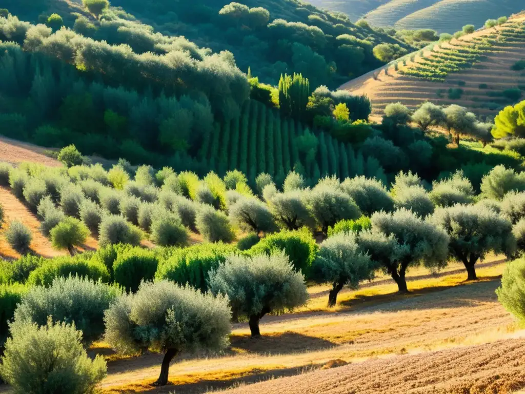 Vista de un exuberante olivar mediterráneo con árboles cargados de aceitunas y una granja tradicional al fondo