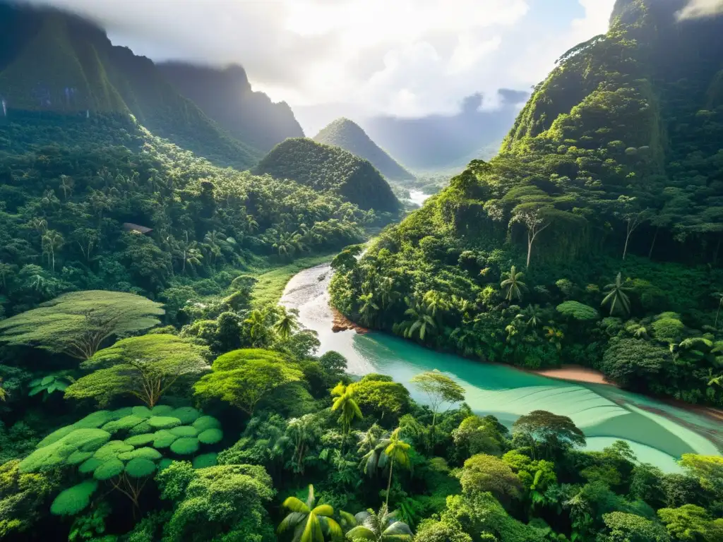 Vista de la exuberante selva tropical con artesanos creando souvenires ecológicos responsables, destacando la biodiversidad y la artesanía humana